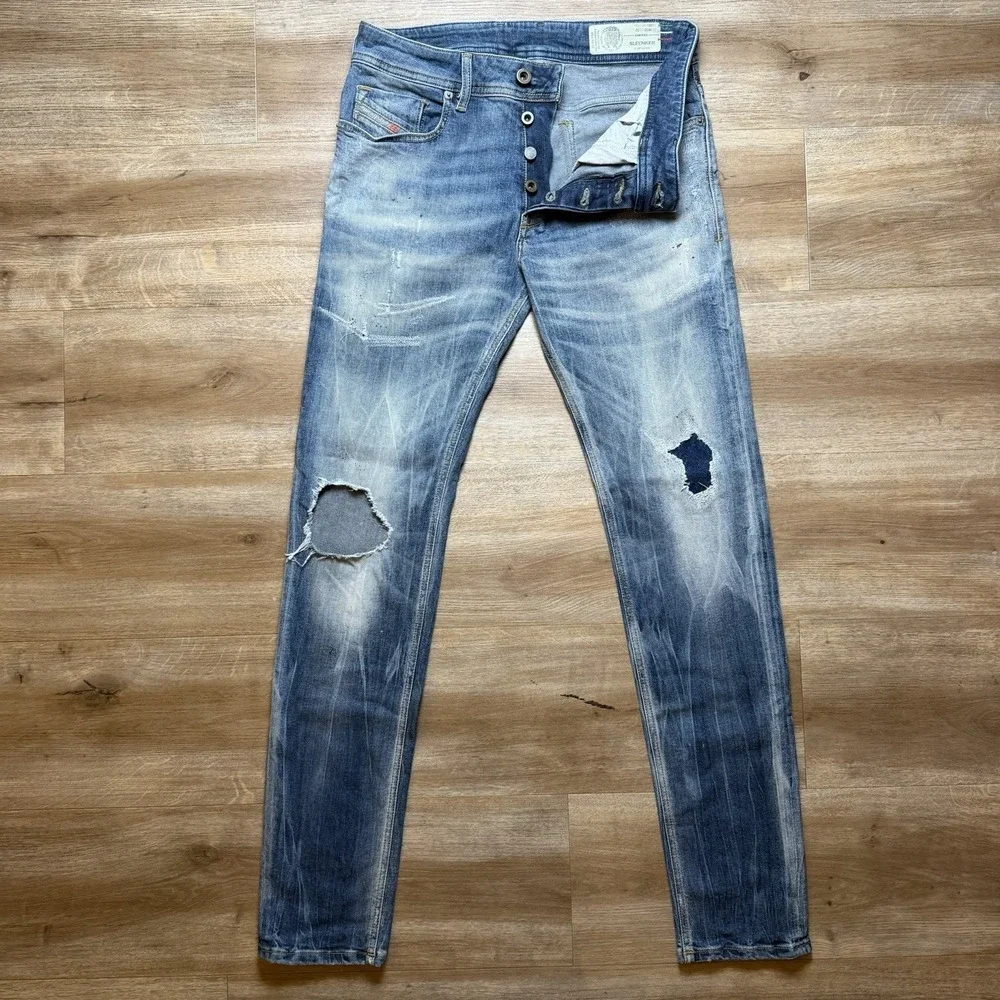 Diesel Sleenker‎ Jeans Men 30x30 Blue Slim Skinny Stretch Italy Whiskered 069DJ